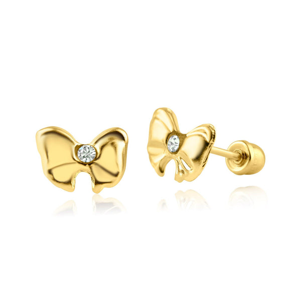14 Karat Yellow Gold Bow CZ Screw Back Earring | Silver Palace Inc.