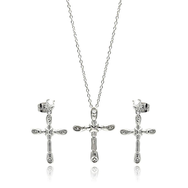 Silver 925 Rhodium Plated Bone Cross CZ Necklace and Earrings Set - BGS00308 | Silver Palace Inc.