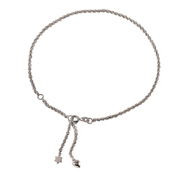 Silver 925 Rope Chain Anklet with Dangling Star and Heart - ANK00008 | Silver Palace Inc.