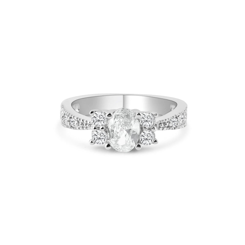 Silver 925 Rhodium Plated Oval Center Pave Clear CZ Engagement Ring - AAR0003CLR