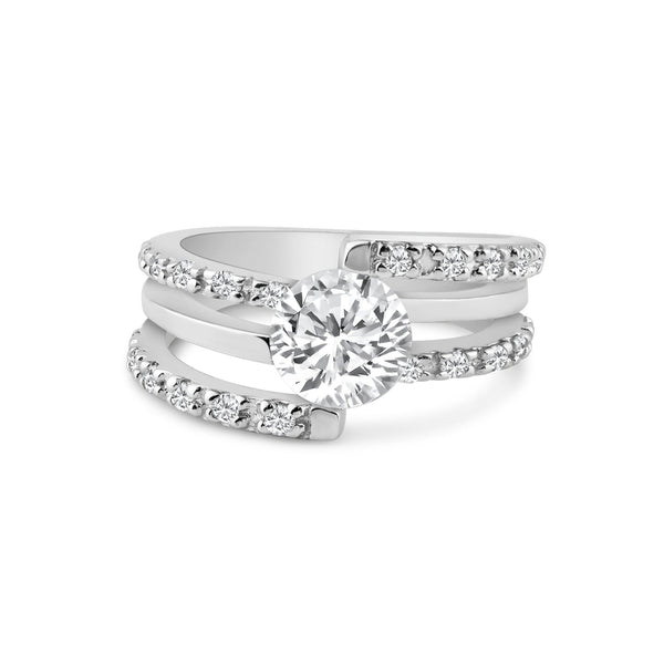 Silver 925 Rhodium Plated Clear Round Center CZ Intertwining Ring - AAR0066 | Silver Palace Inc.