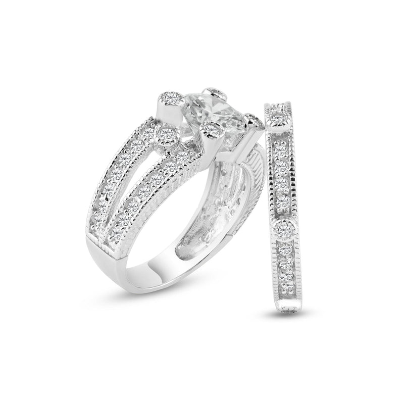 Silver 925 Rhodium Plated Pave CZ Ornate Wedding Ring Set - AAR0074 | Silver Palace Inc.
