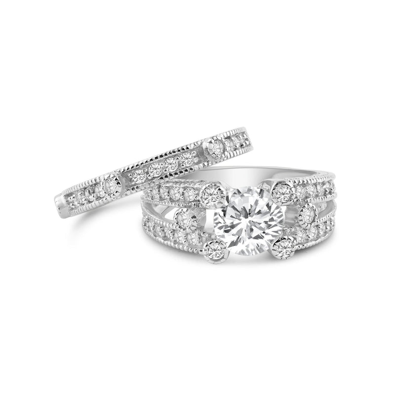 Silver 925 Rhodium Plated Pave CZ Ornate Wedding Ring Set - AAR0074