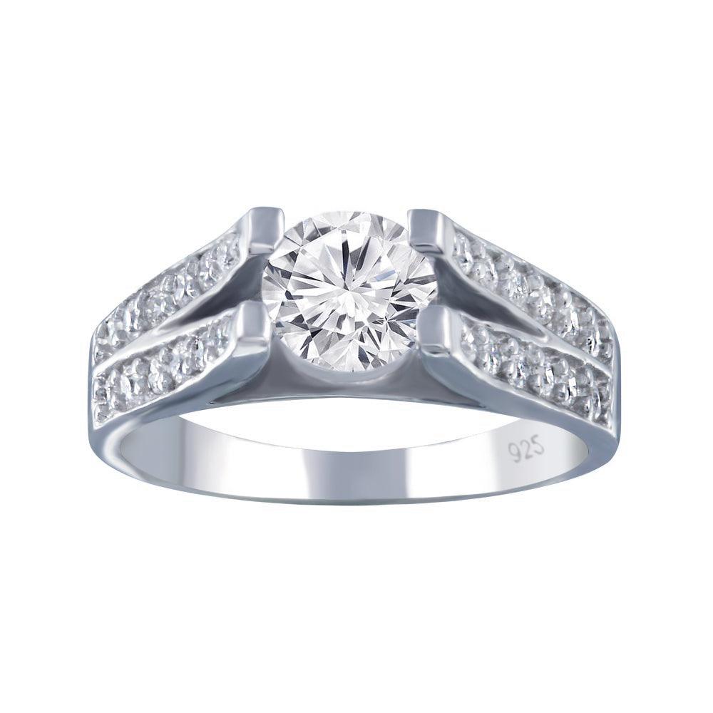 Rhodium Plated 925 Sterling Silver Clear Pave Set Round Center CZ Engagement Ring - AAR0078 | Silver Palace Inc.