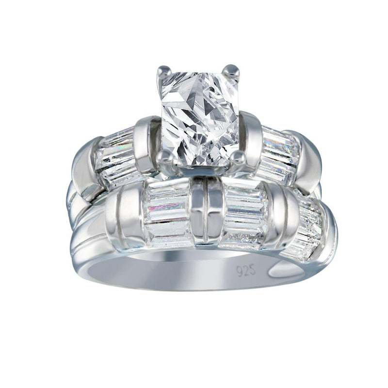 Silver 925 Rhodium Plated Clear Rectangular Center Baguette CZ Engagement Ring Set - AAR0083 | Silver Palace Inc.
