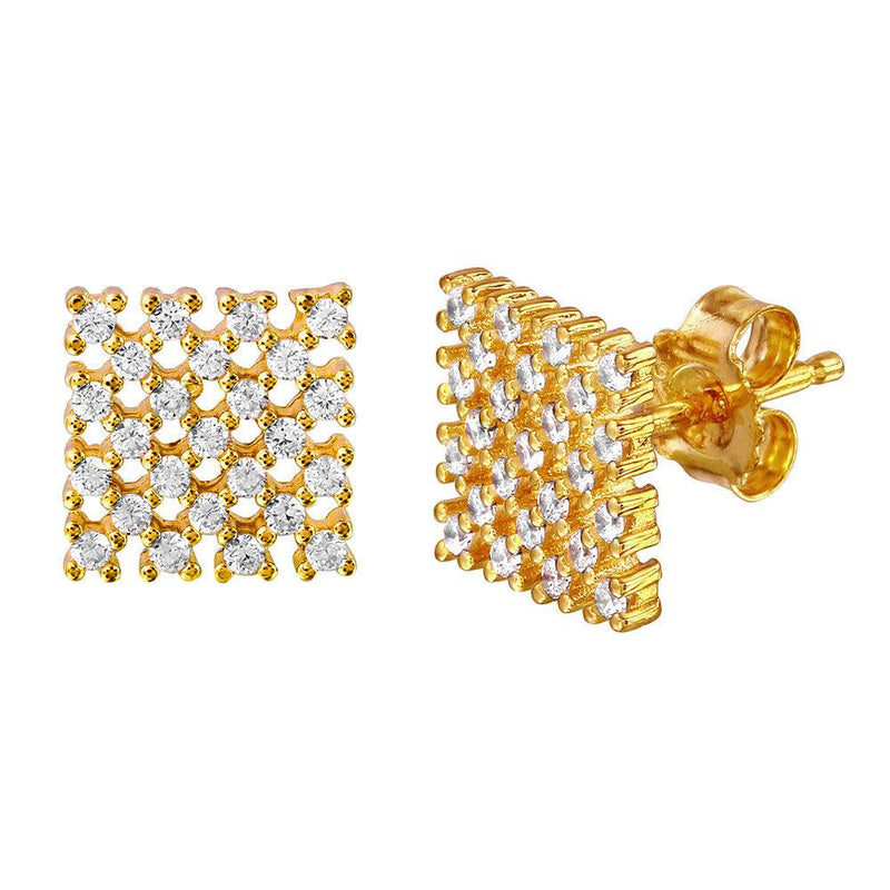 Silver 925 Gold Plated Checkered CZ Stud Earrings - ACE00079GP | Silver Palace Inc.