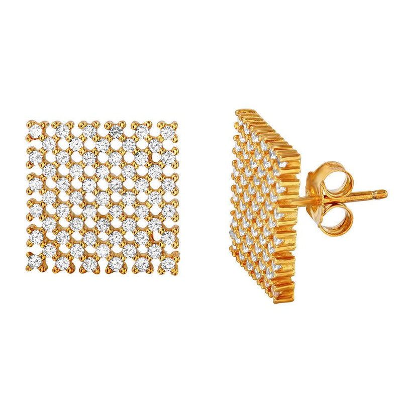 Silver 925 Gold Plated Large Checkered CZ Stud Earrings - ACE00080GP | Silver Palace Inc.