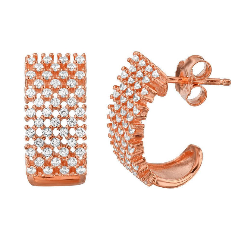 Silver 925 Rose Gold Plated Thick Checkered CZ Semi-huggie hoop Earrings - ACE00083RGP | Silver Palace Inc.