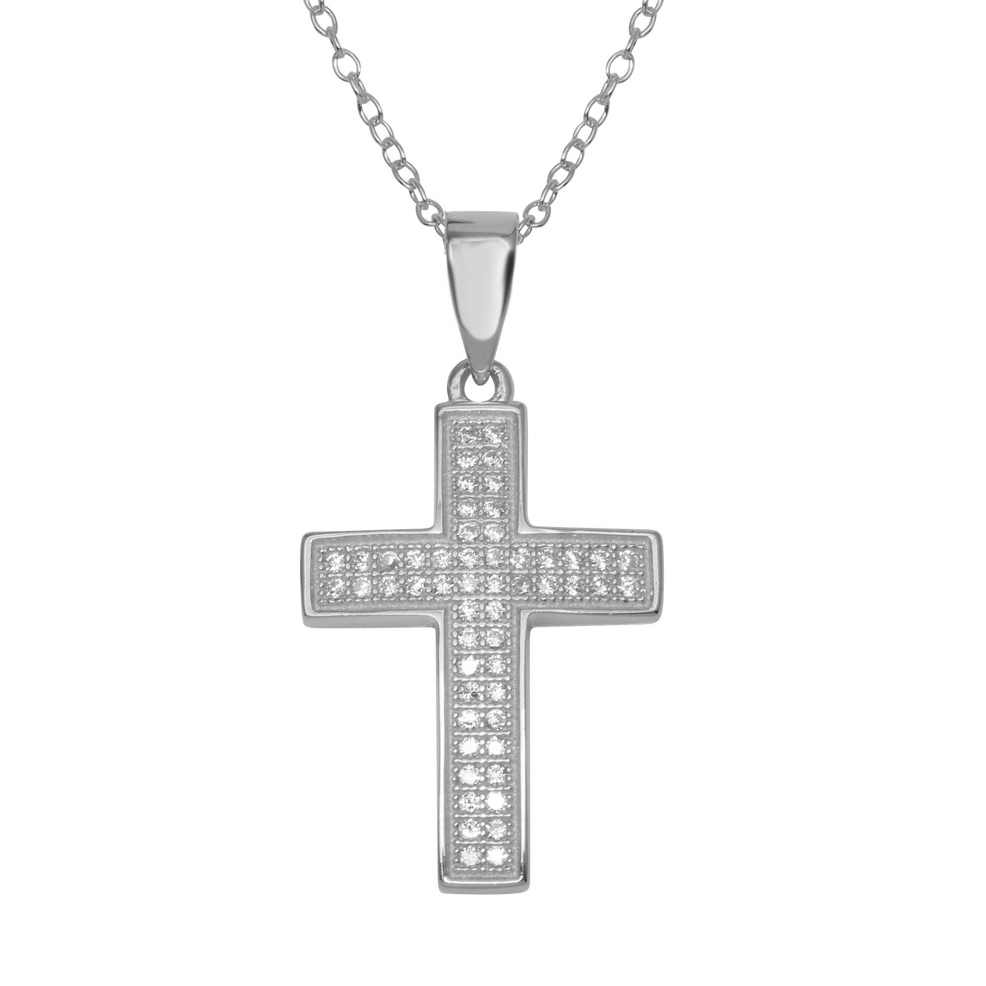 Silver 925 Rhodium Plated Cross Inlay Micro Pave CZ Cross Pendant - ACP00069RHD | Silver Palace Inc.