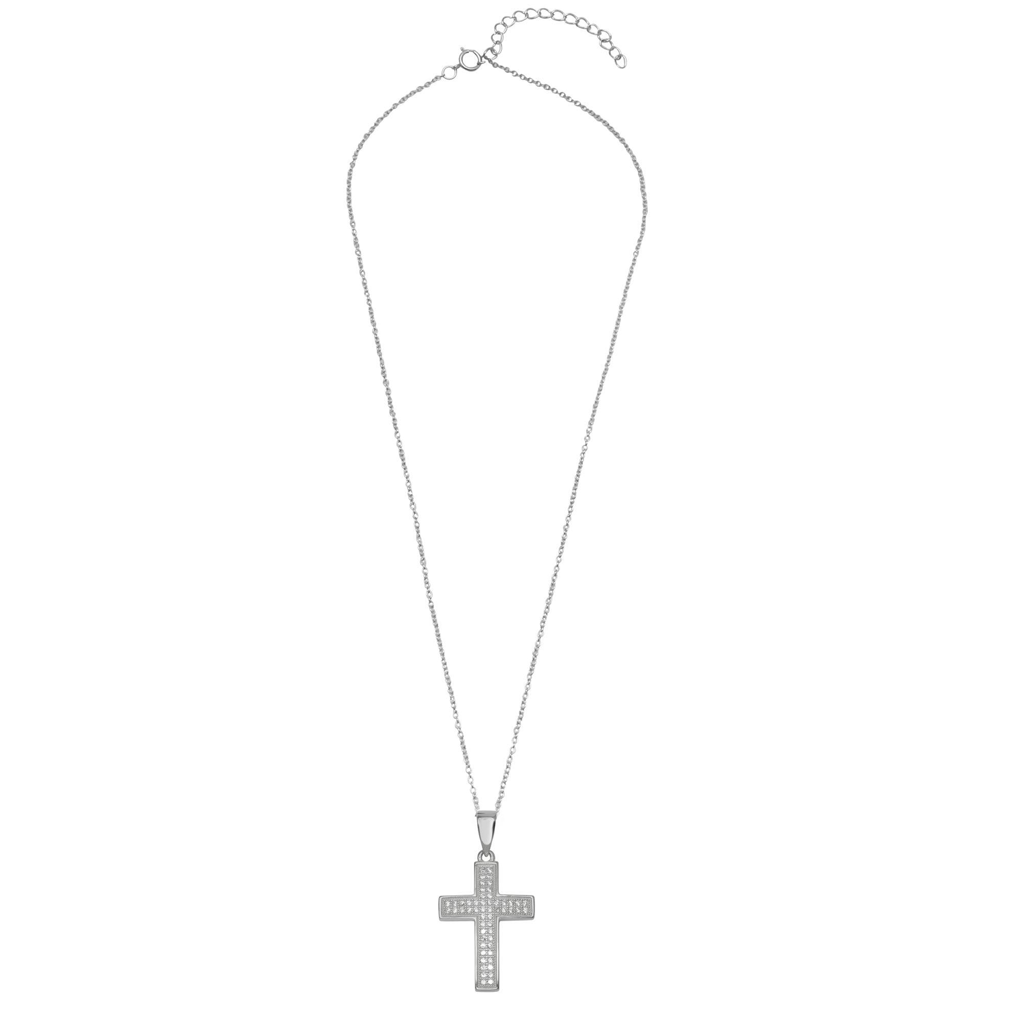 Silver 925 Rhodium Plated Cross Inlay Micro Pave CZ Cross Pendant