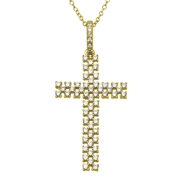 Silver 925 Gold Plated Thin Open Checkered Cross CZ Pendant - ACP00094GP | Silver Palace Inc.
