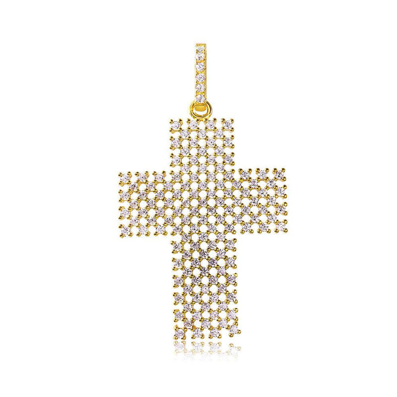 Silver 925 Gold Plated Thick Open Checkered Cross CZ Pendant - ACP00095GP
