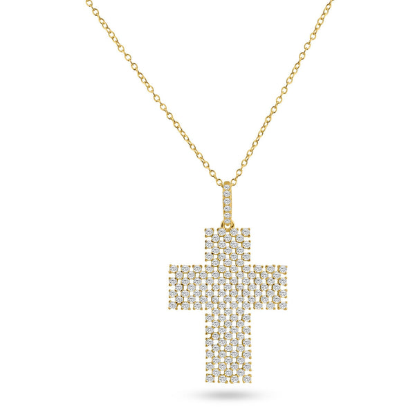 Silver 925 Gold Plated Thick Open Checkered Cross CZ Pendant - ACP00095GP | Silver Palace Inc.