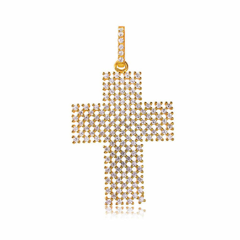Silver 925 Rose Gold Plated Thick Open Checkered Cross CZ Pendant - ACP00095RGP