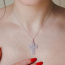 Silver 925 Rhodium Plated Thick Open Checkered Cross CZ Pendant - ACP00095RH