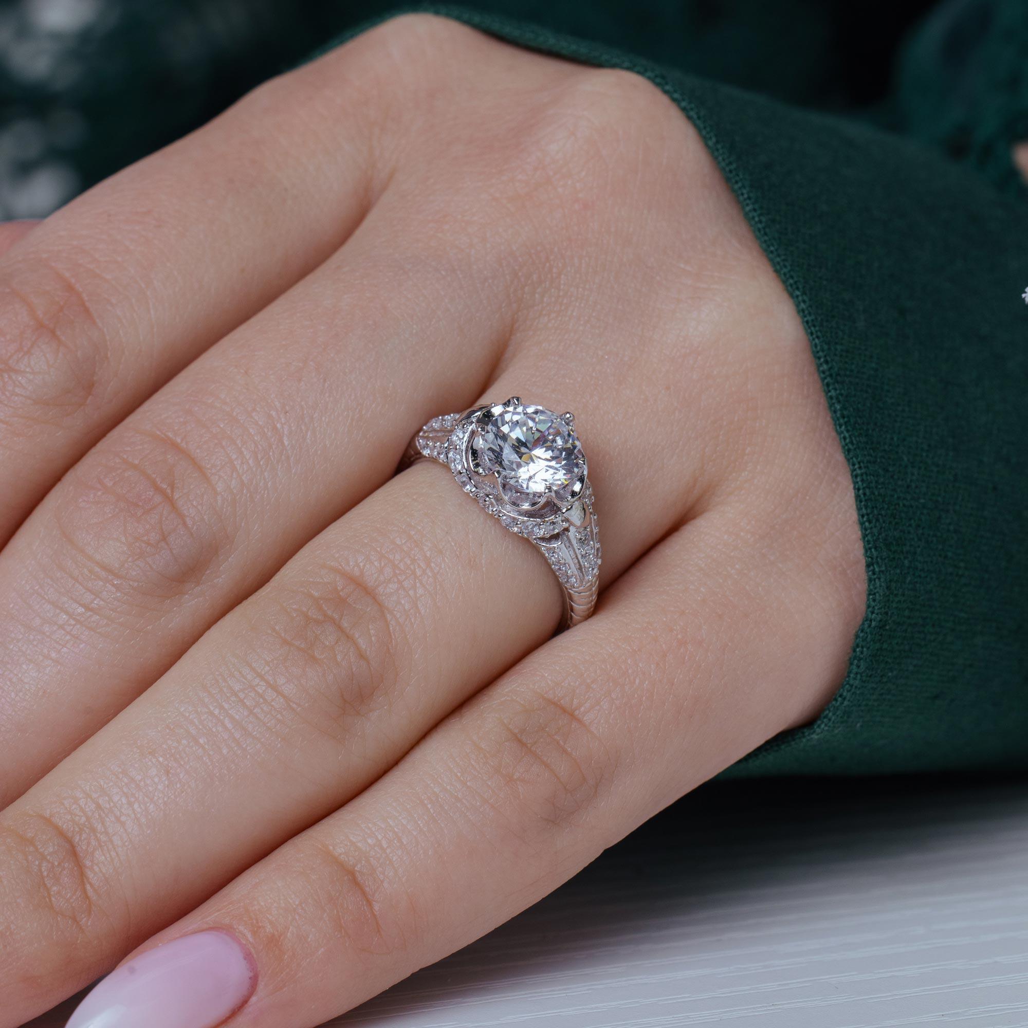 Silver 925 Rhodium Plated Micro Pave Clear CZ Flower Ring - ACR00007