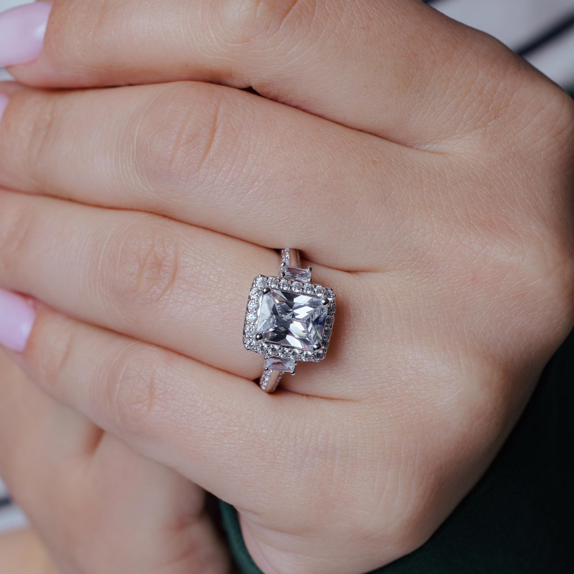 Rhodium Plated 925 Sterling Silver Clear Cluster CZ Square Ring - ACR00009