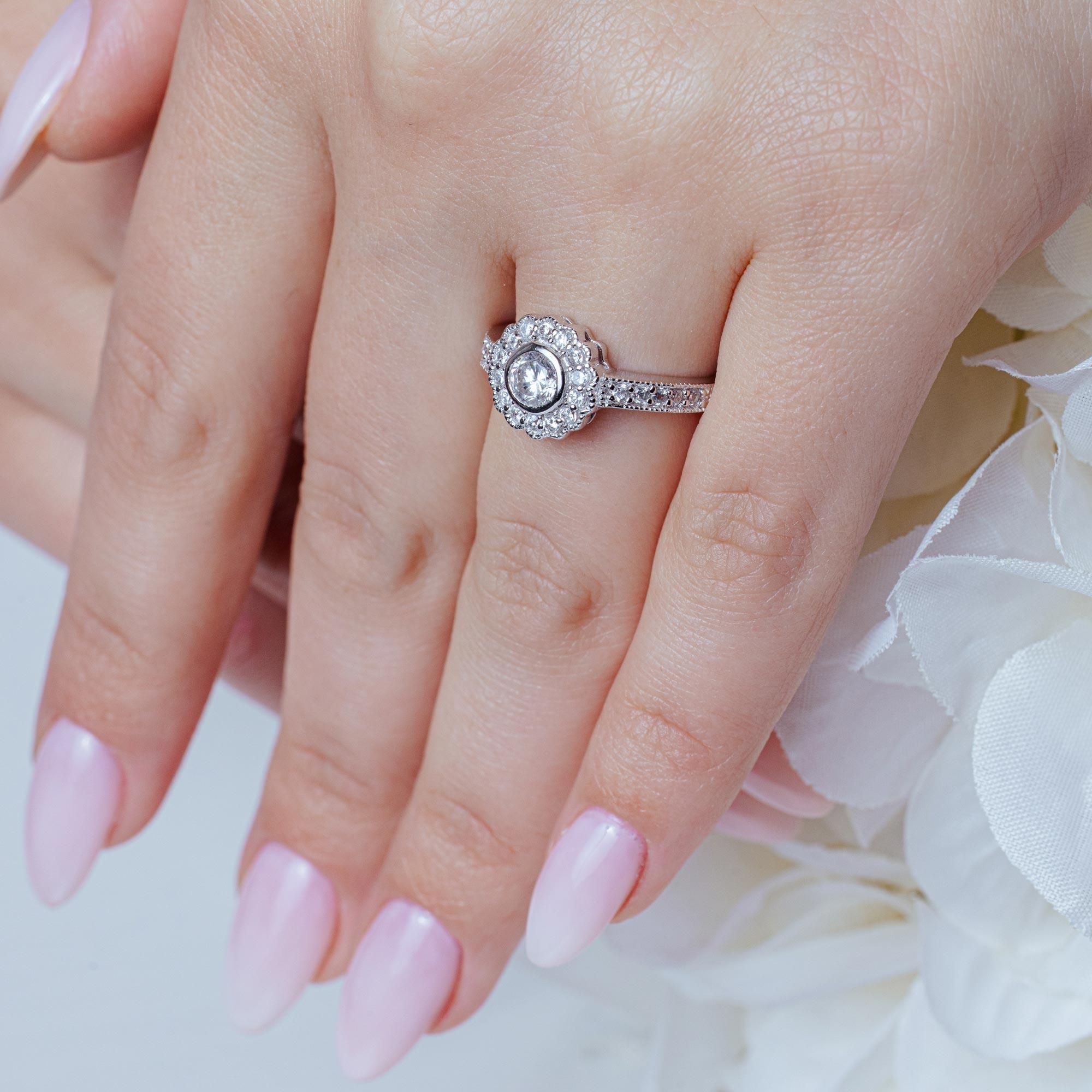 Silver 925 Rhodium Plated Micro Pave Clear Cluster CZ Flower Ring - ACR00013