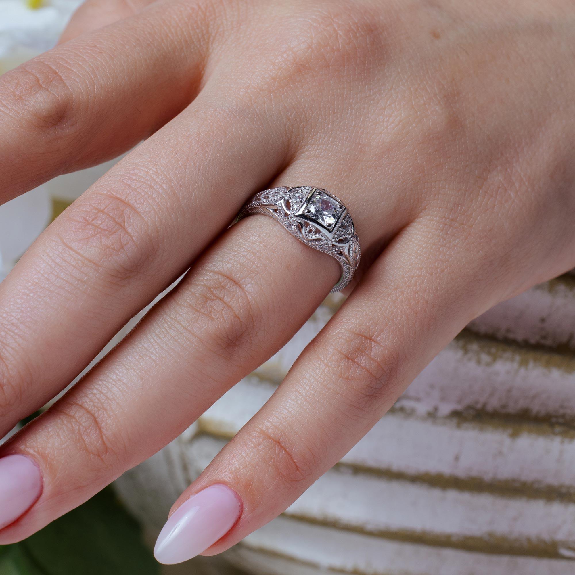 Silver 925 Rhodium Plated Clear CZ Inlay Antique Ring - ACR00014