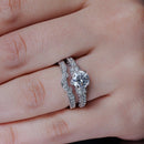 Silver 925 Rhodium Plated Pave Round Center Clear CZ Engagement Ring Set - ACR00024