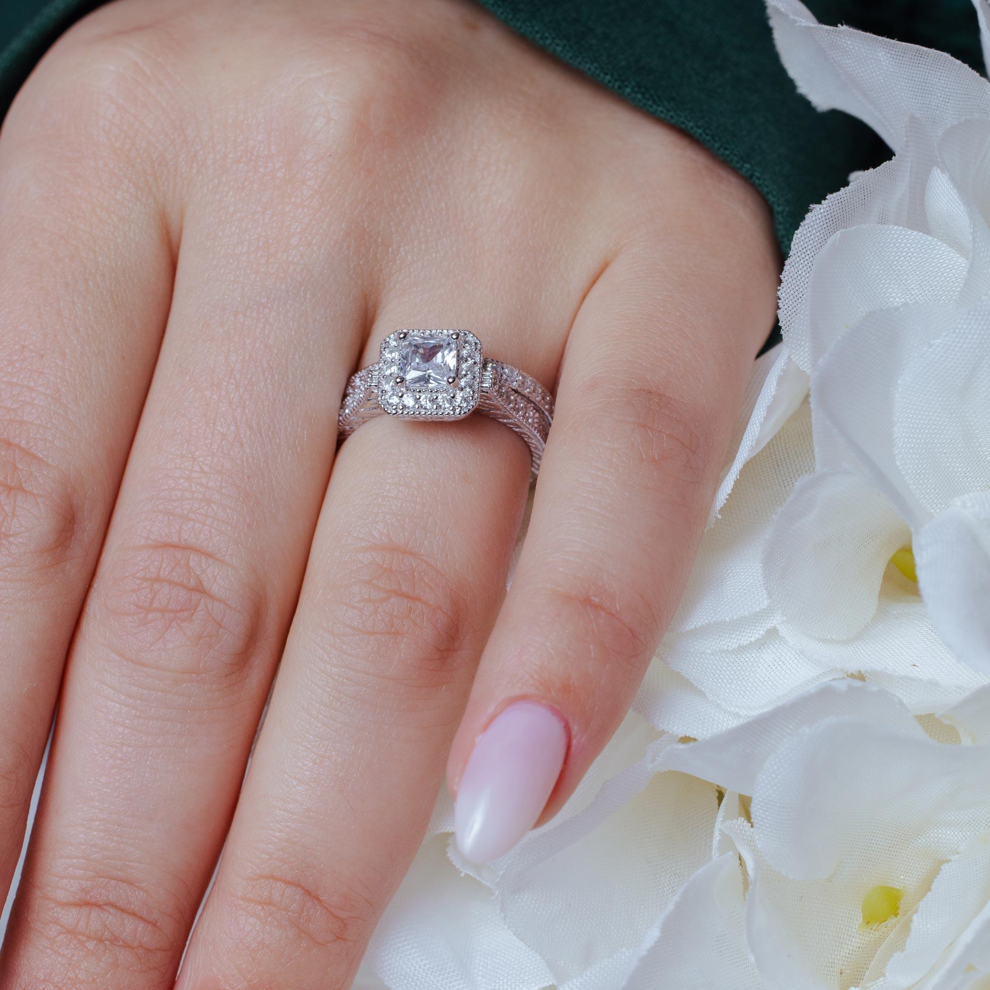 Silver 925 Rhodium Plated Pave Clear Square Cluster CZ Engagement