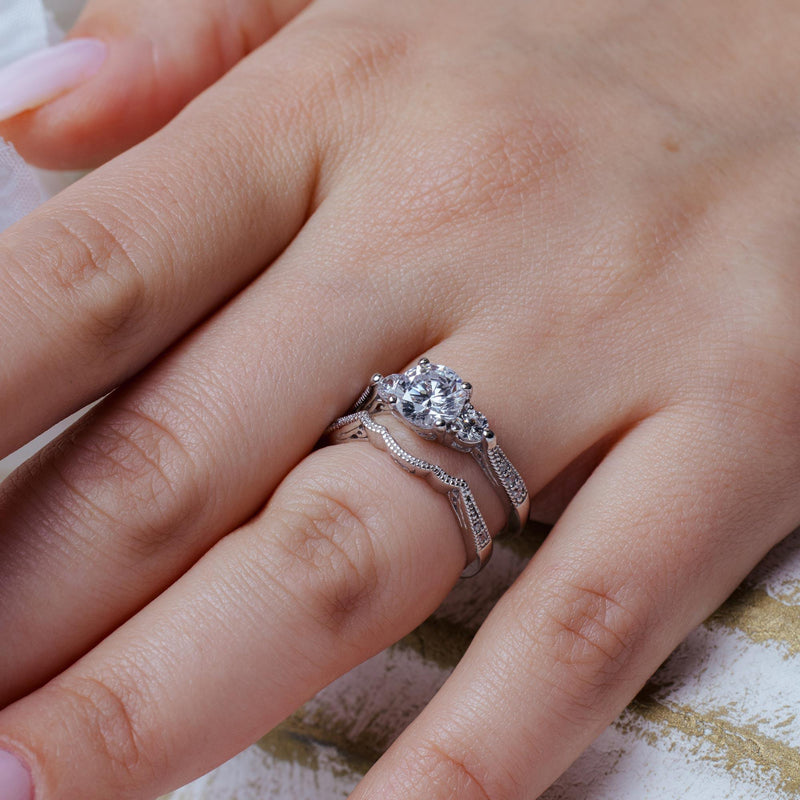 Silver 925 Rhodium Plated CZ Bridal Engagement Ring Set - ACR00027