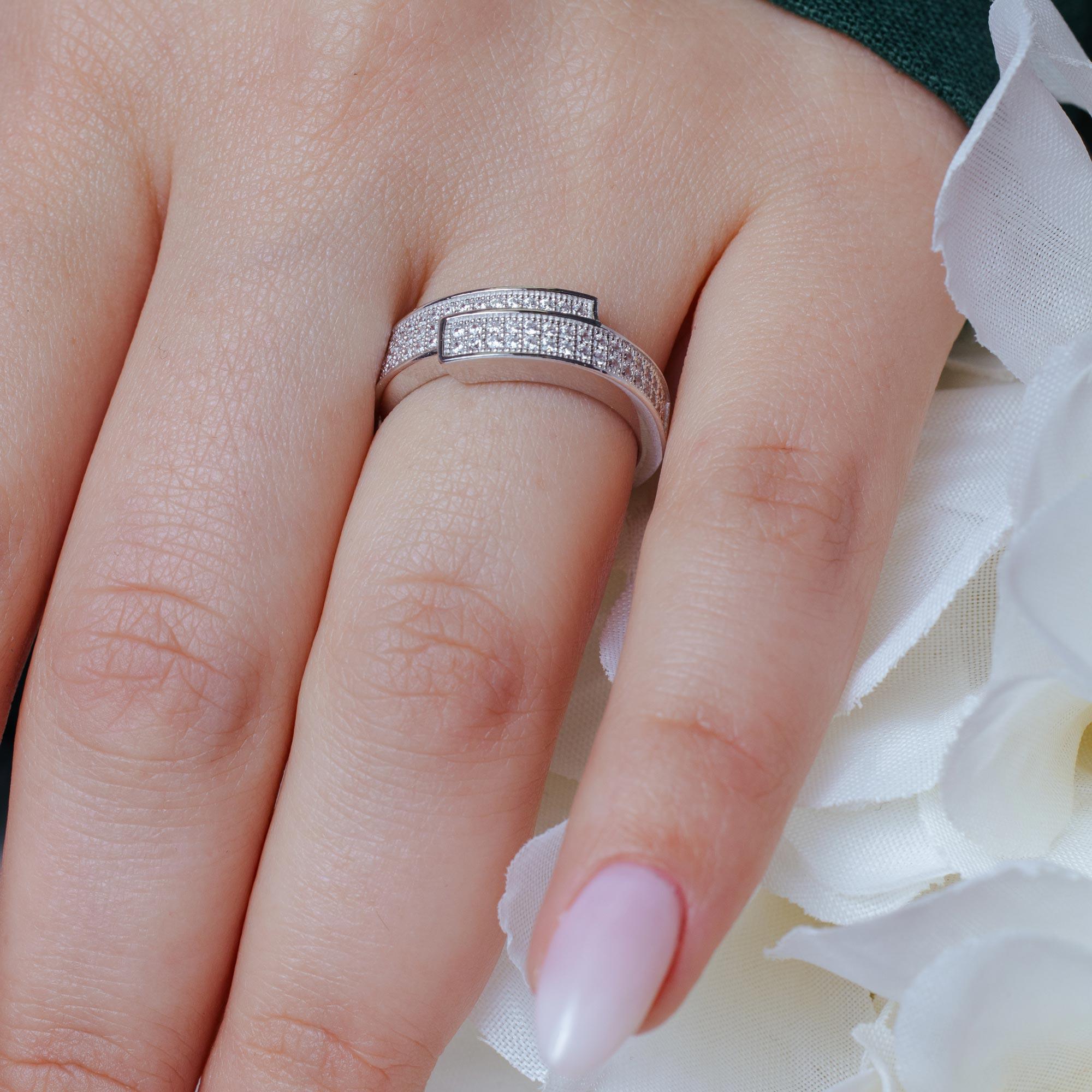 Silver 925 Rhodium Plated Micro Pave CZ Overlap Ring - ACR00035