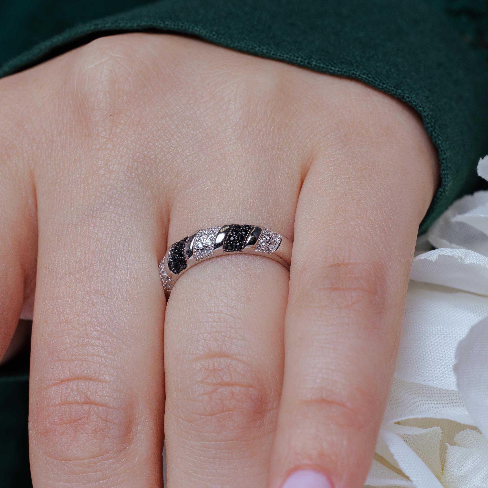 Silver 925 Rhodium and Black Rhodium Plated Black and Clear Micro Pave CZ Stripe Ring - ACR00055