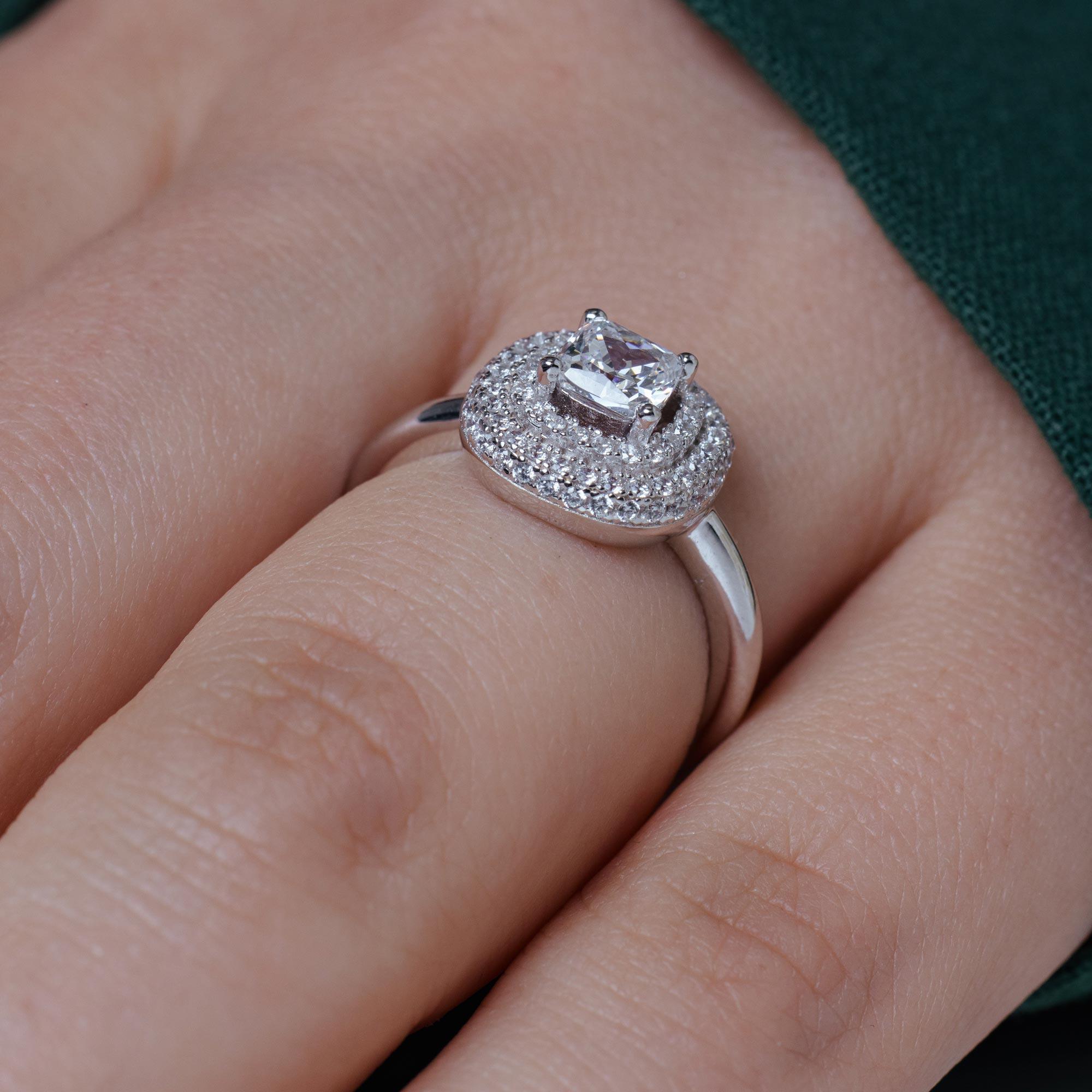 Silver 925 Rhodium Plated Micro Pave Clear Center CZ Multi Layer Square Ring - ACR00058