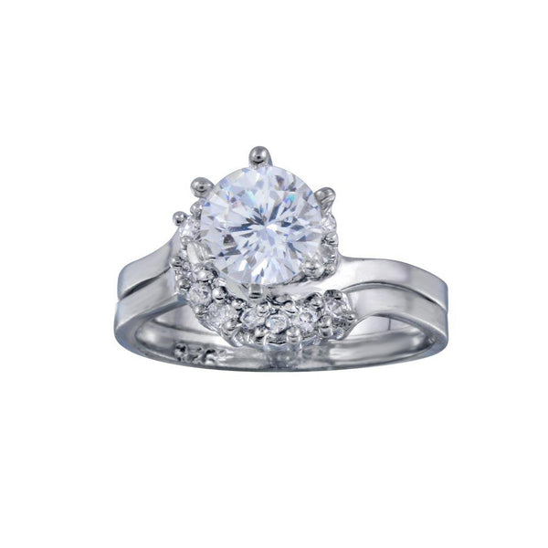 Silver 925 Rhodium Plated Clear Cluster Solitaire CZ Engagement Ring Set - ANT00015 | Silver Palace Inc.