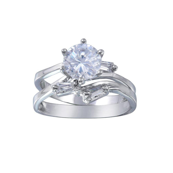 Silver 925 Rhodium Plated Clear Solitaire Baguette Sides CZ Engagement Ring Set - ANT00016 | Silver Palace Inc.