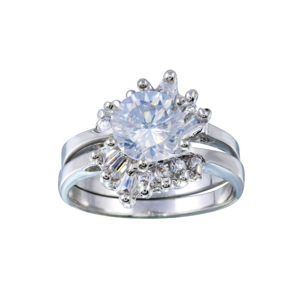 Silver 925 Rhodium Plated Clear Solitaire Baguette and Round CZ Engagement Ring Set - ANT00018 | Silver Palace Inc.