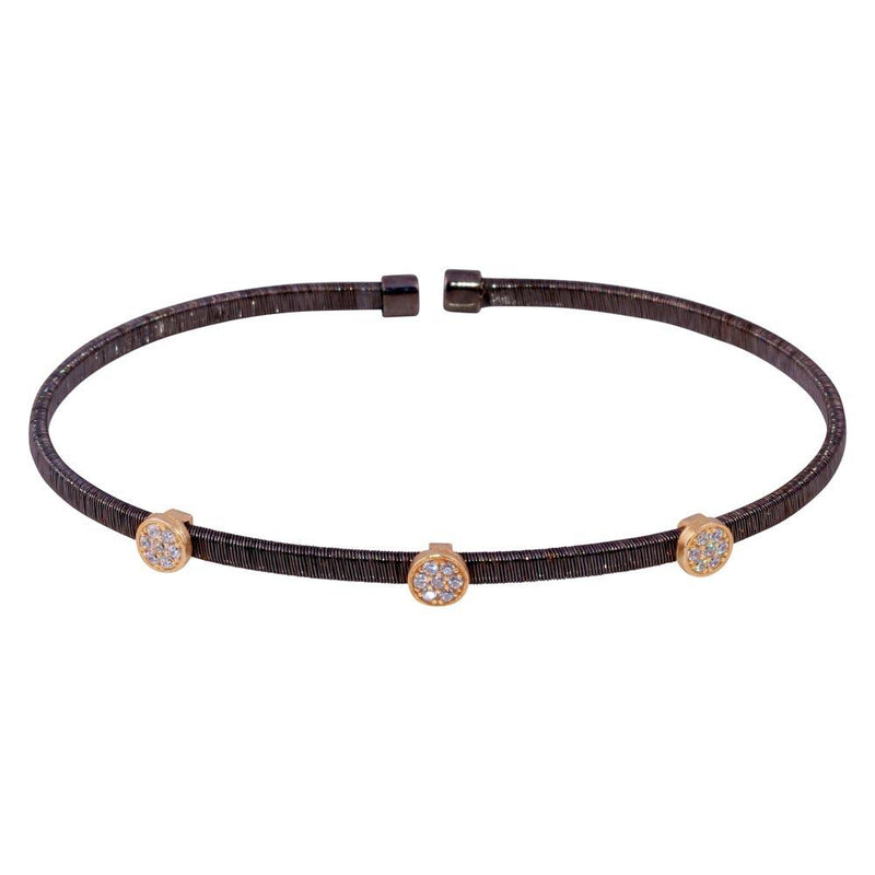 Silver 925 Black Rhodium Plated Three Rose Gold Circle Open Bangle with CZ - ARB00005BLK | Silver Palace Inc.