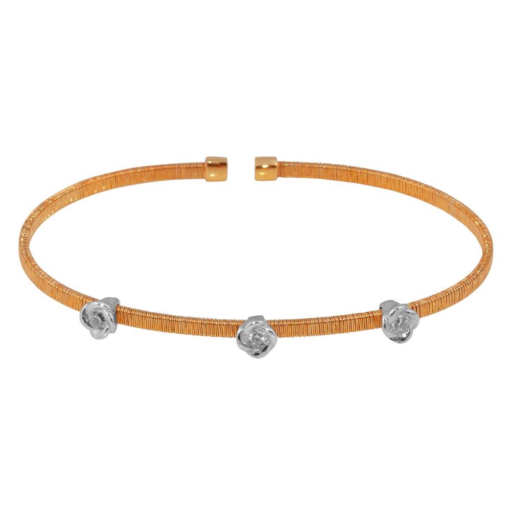 Silver 925 Rose Gold Three Rose Cuffs with CZ - ARB00008RGP | Silver Palace Inc.