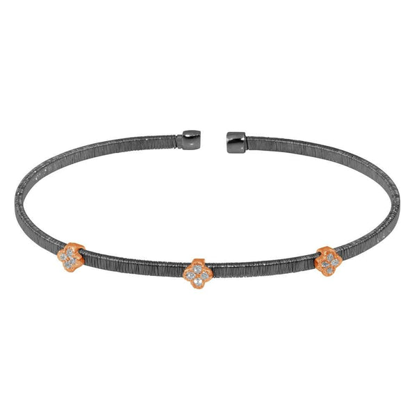 Silver 925 Black Rhodium Plated Three Clover Rose Gold Plated Bangle with CZ - ARB00009BLK | Silver Palace Inc.