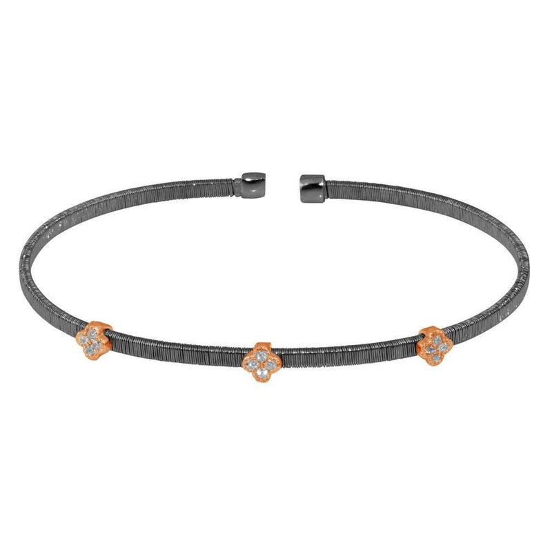 Silver 925 Black Rhodium Plated Three Clover Rose Gold Plated Bangle with CZ - ARB00009BLK | Silver Palace Inc.