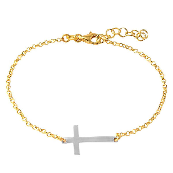 Silver 925 Gold Plated Italian Rolo Chain with Rhodium Plated Cross Bracelet - ARB00020GP | Silver Palace Inc.