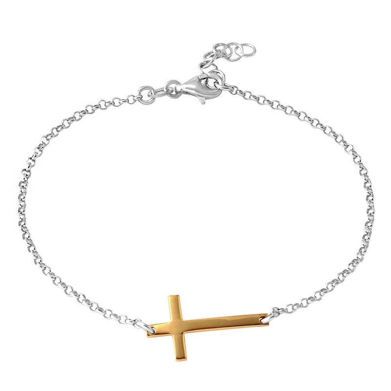 Silver 925 Rhodium Plated Italian Rolo Chain with Gold Plated Cross Bracelet - ARB00020RH-GP | Silver Palace Inc.