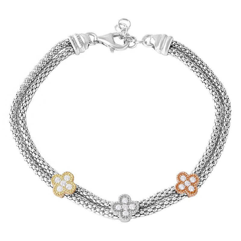 Sterling silver Rhodium Plated 3 Toned Clover CZ Leaves Bracelet - ARB00024TRI | Silver Palace Inc.