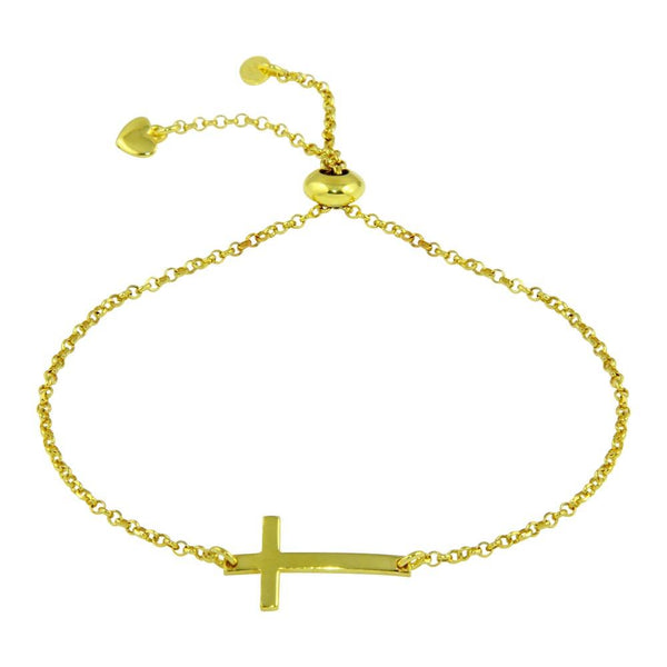 Silver 925 Gold Plated Horizontal Cross Bracelet with Heart Charms - ARB00031GP | Silver Palace Inc.