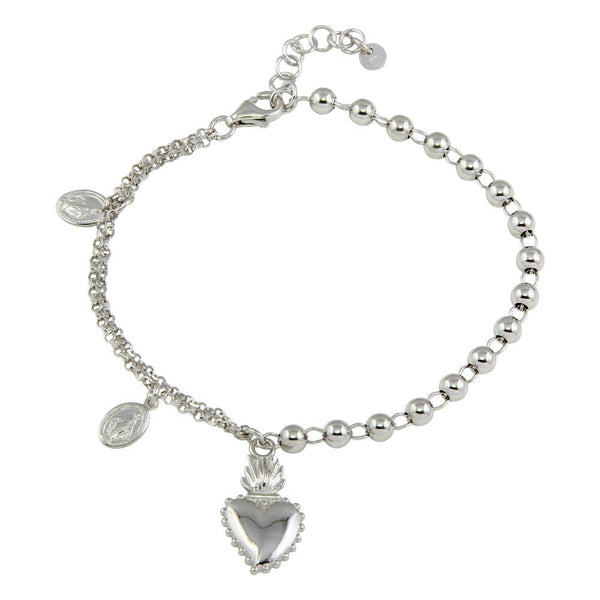 Silver 925 Rhodium Plated Lady of Guadalupe Bead Bracelet with Heart Charms - ARB00036RH | Silver Palace Inc.