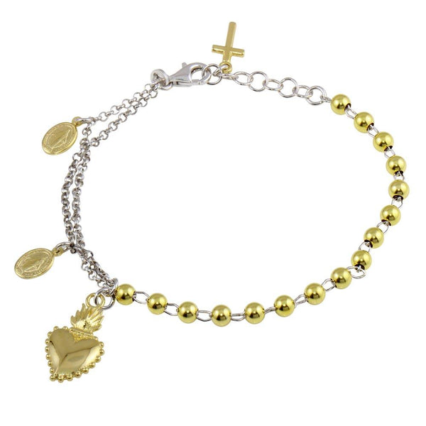 Silver 925 Gold Plated 2 Toned Heart Center Dangling Charm Bead Bracelet - ARB00054RH-GP | Silver Palace Inc.