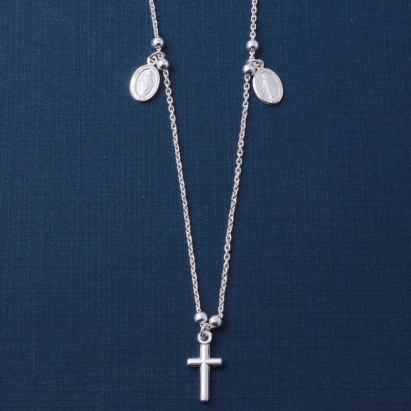 Silver 925 High Polished Cross and Charms Necklace - ARN00014 | Silver Palace Inc.