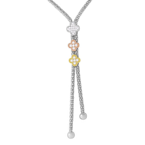 Sterling Silver Rhodium Plated Italian Drop Chain With 3 Toned Flowers - ARN00017TRI | Silver Palace Inc.
