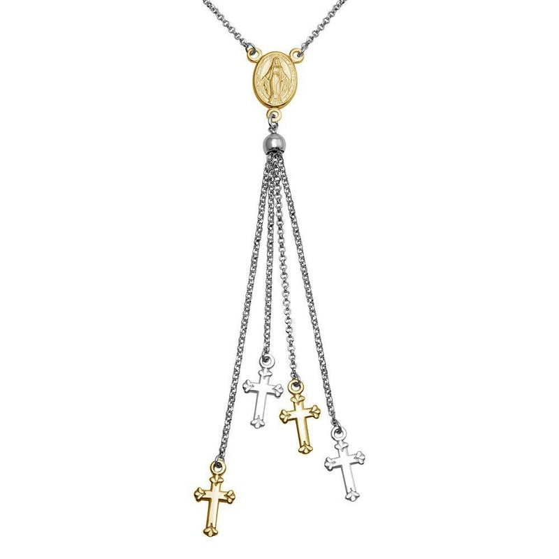 Silver 925 Rhodium and Gold Plated Rosary Tassel Necklace - ARN00048RH-GP | Silver Palace Inc.