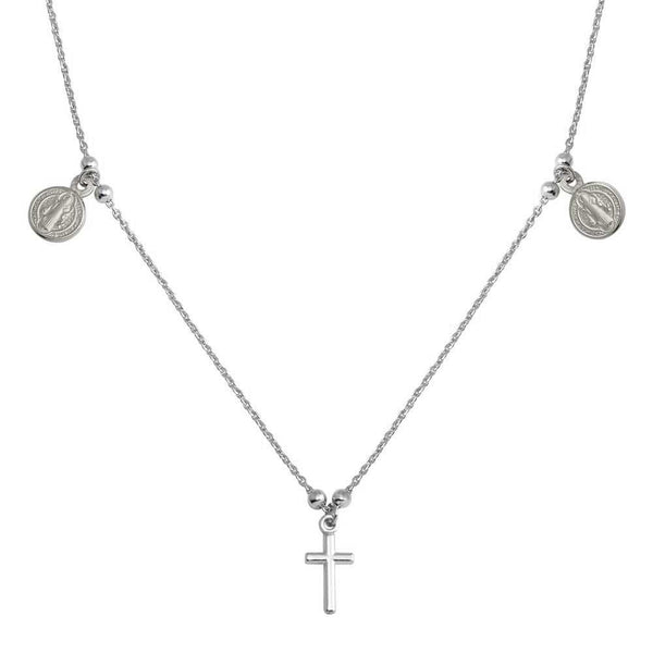 Silver 925 Rhodium Cross With Religious Charms Necklace - ARN00049RH | Silver Palace Inc.