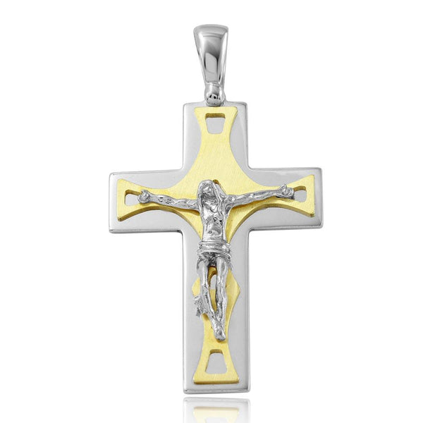 Silver 925 Rhodium and Matte Gold Plated Crucifix Pendant with Trapezoid Design - ARP00016GP | Silver Palace Inc.