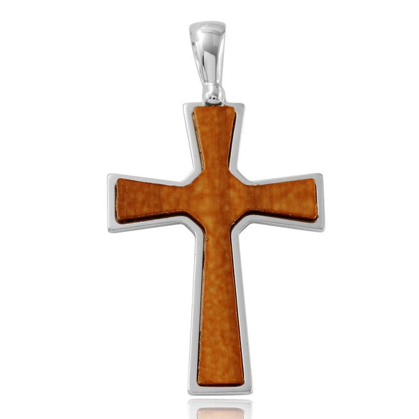 Silver 925 Rhodium Plated Big Wooden Cross Pendant - ARP00021 | Silver Palace Inc.