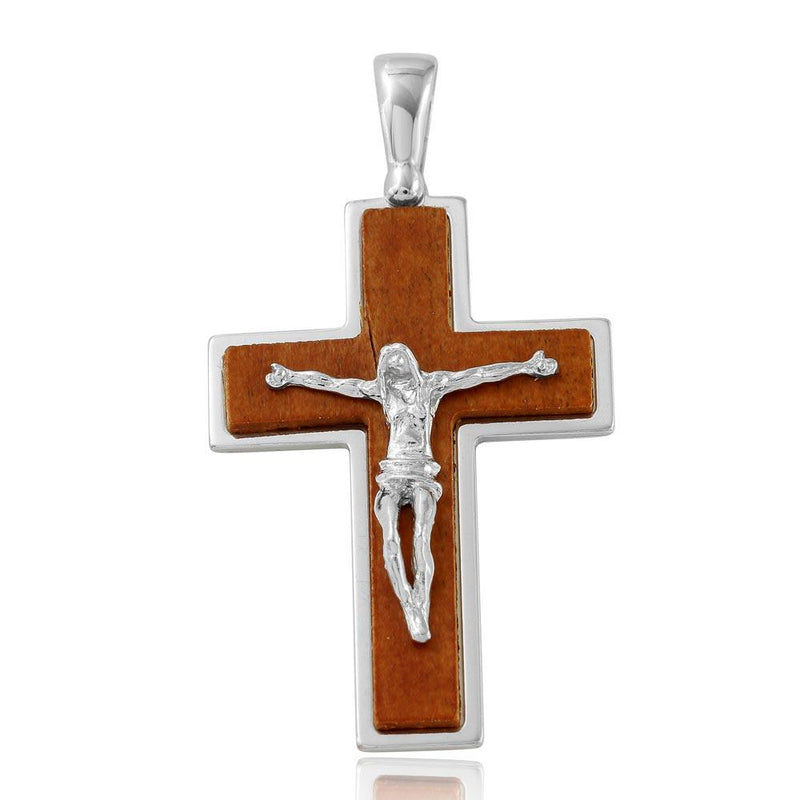 Silver 925 Rhodium Plated Wooden Crucifix Pendant - ARP00022 | Silver Palace Inc.