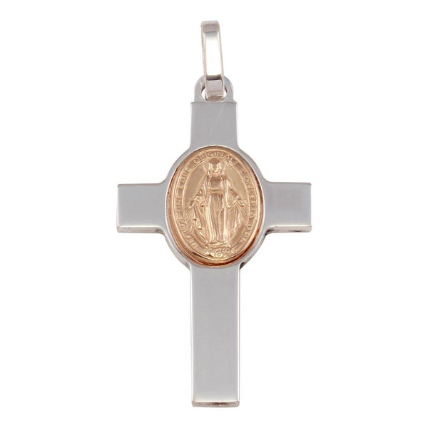 Silver 925 Rhodium Plated Cross Pendant with Rose Gold Plated Medallion - ARP00037RGP | Silver Palace Inc.